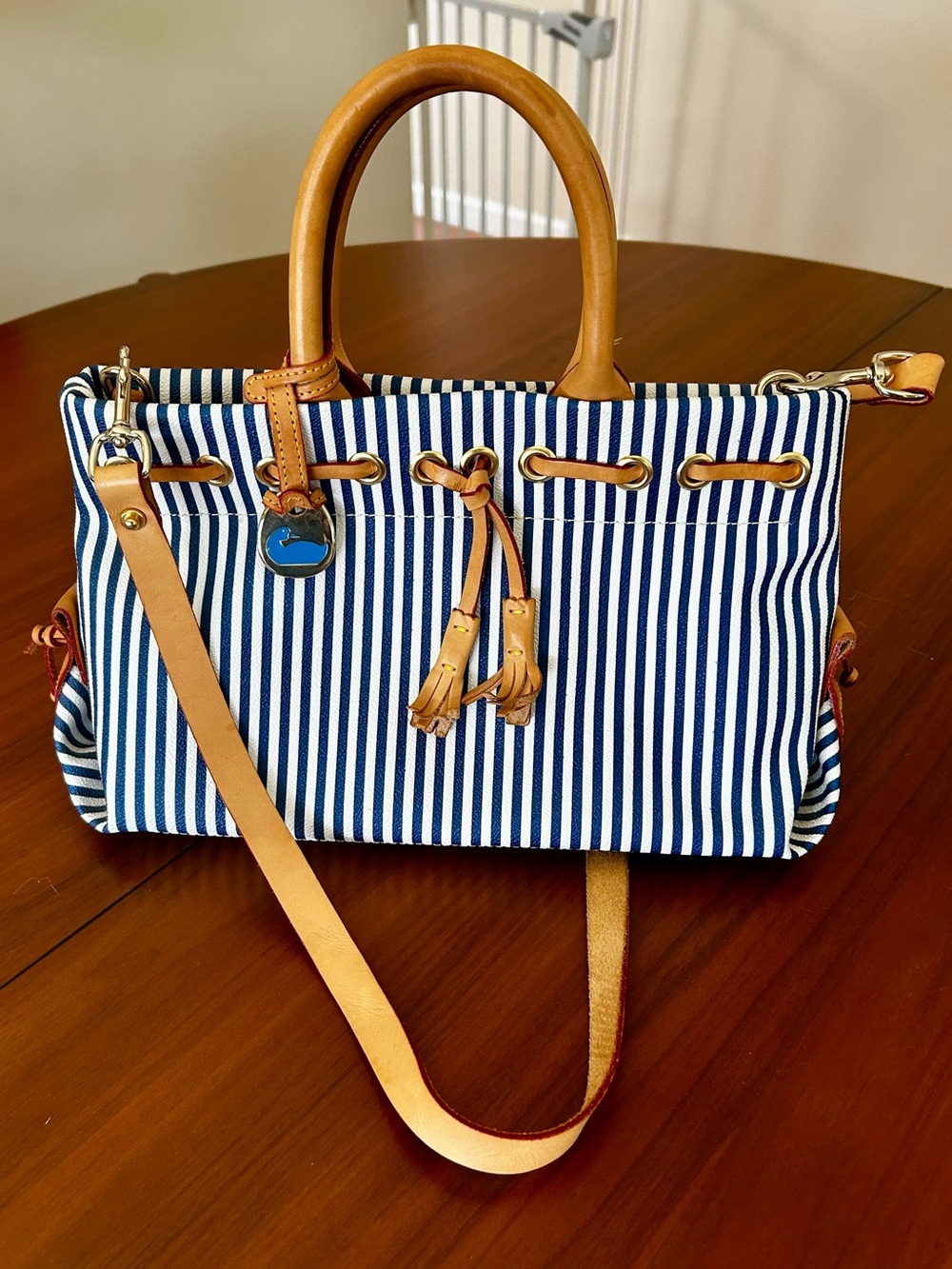 Dooney & Bourke Vintage Striped Navy and White Canvas Tote with Tan Leather Trim - Picture 6 of 10